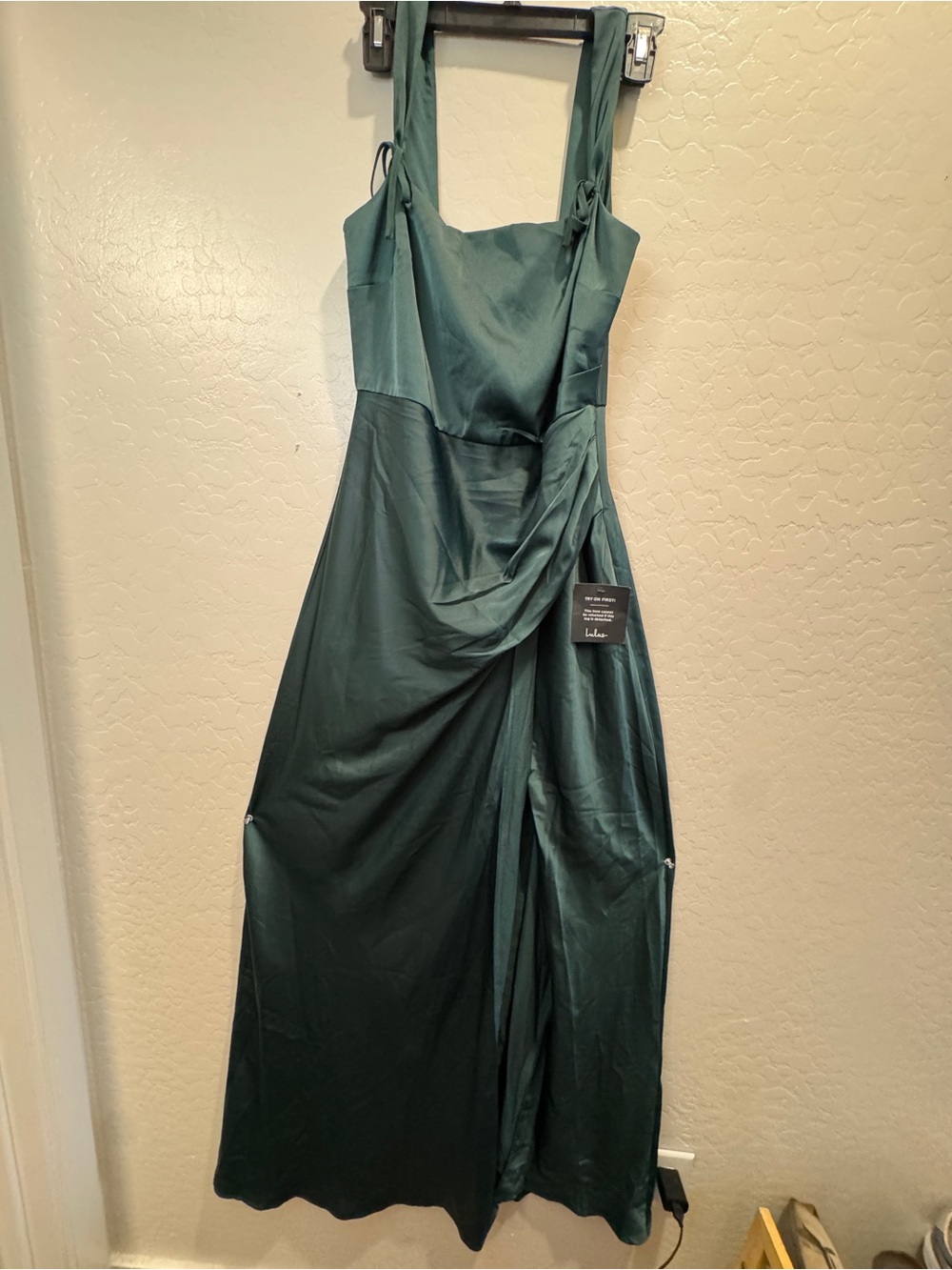 Lulu's Forest Green Satin Halter Draped Maxi Dress